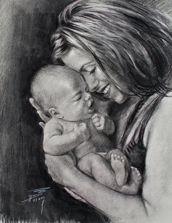 Mother Daughter Pencil Drawing