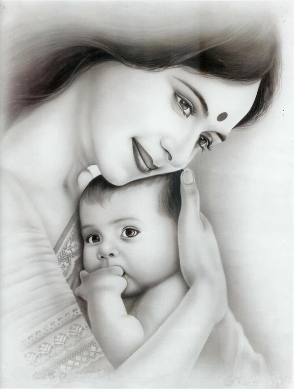 Pencil Sketch of Mother and Daughter