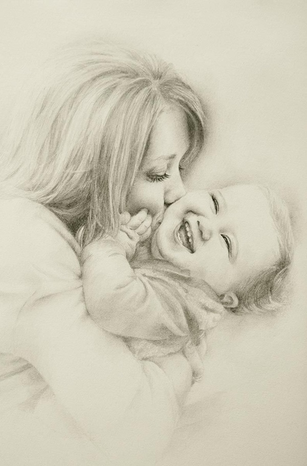 Simple Pencil Mother and Child Drawings