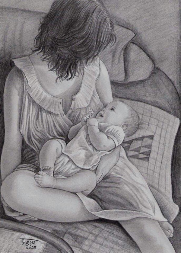 Simple Pencil Mother and Child Drawings