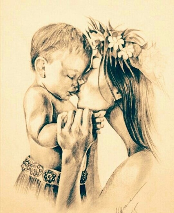 Simple Pencil Mother and Child Drawings