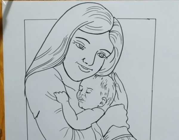 Simple Pencil Mother and Child Drawings