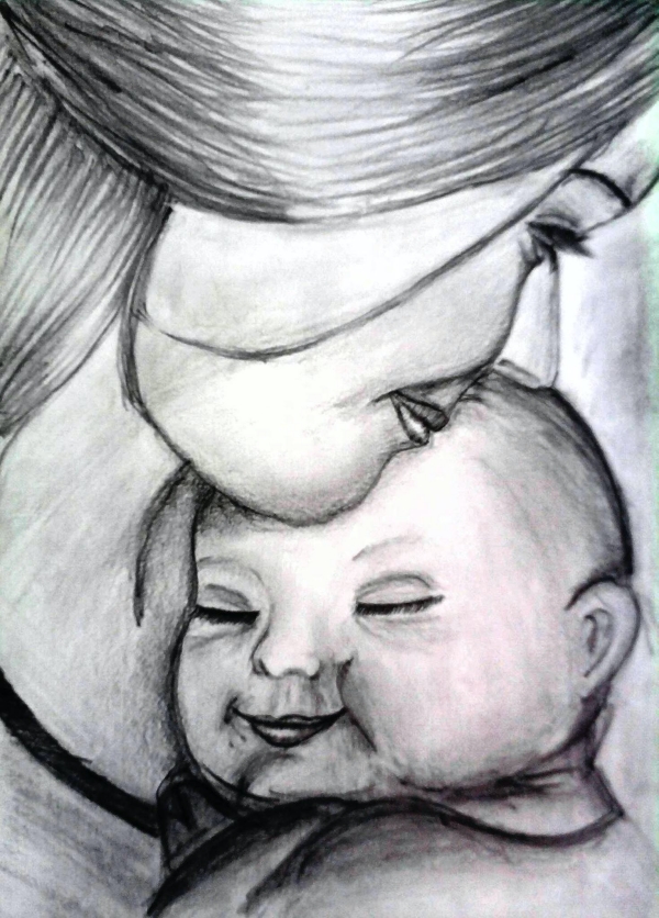 Simple Pencil Mother and Child Drawings