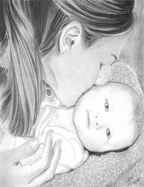 Simple Pencil Mother and Child Drawings