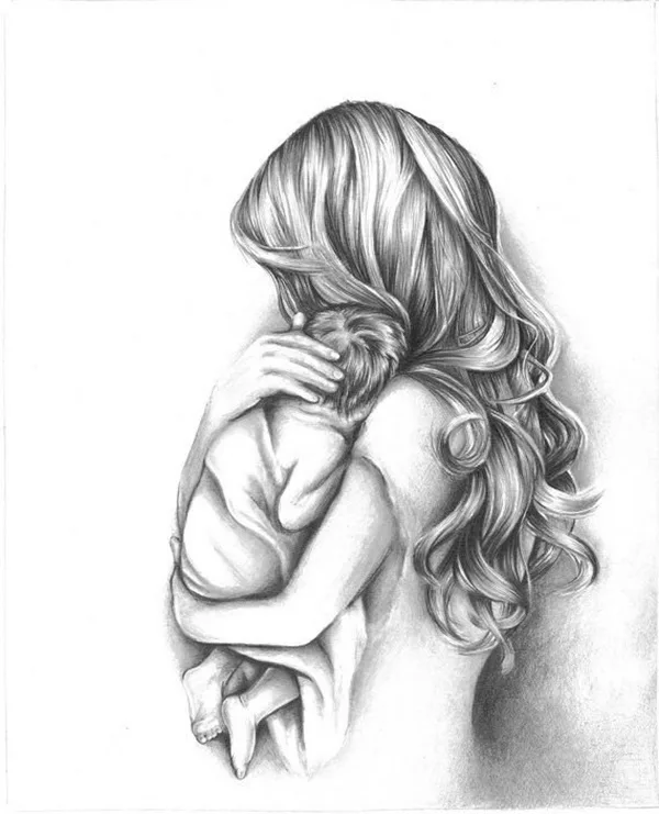 Simple Pencil Mother and Child Drawings