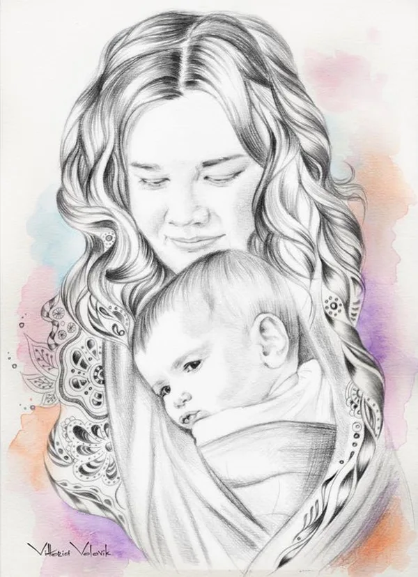 Simple Pencil Mother and Child Drawings