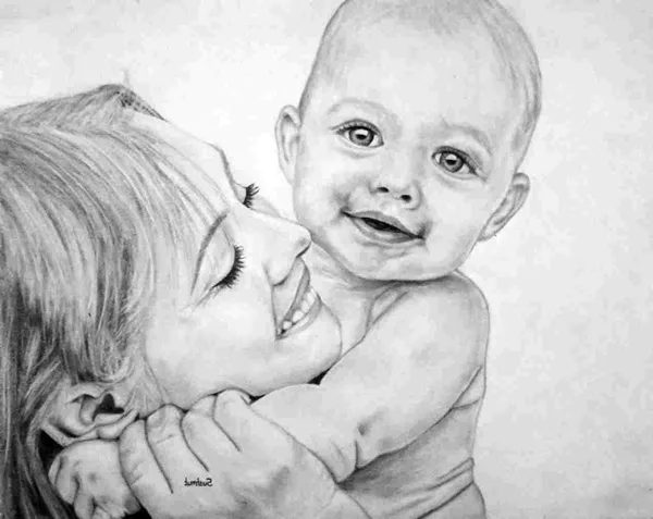 Simple Pencil Mother and Child Drawings