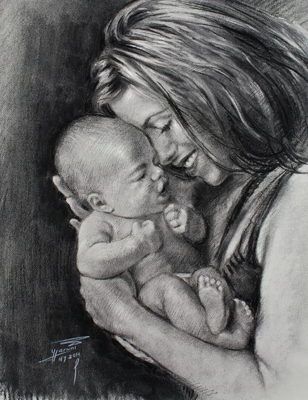 Simple Pencil Mother and Child Drawings