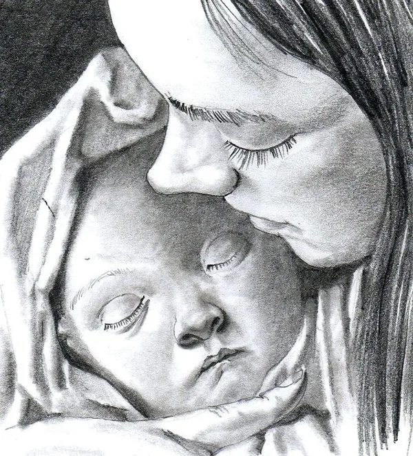 Simple Pencil Mother and Child Drawings