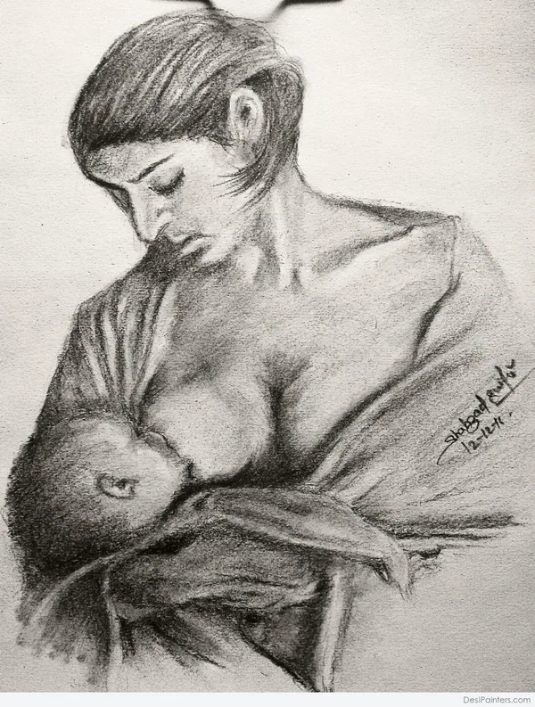 Simple Pencil Mother and Child Drawings