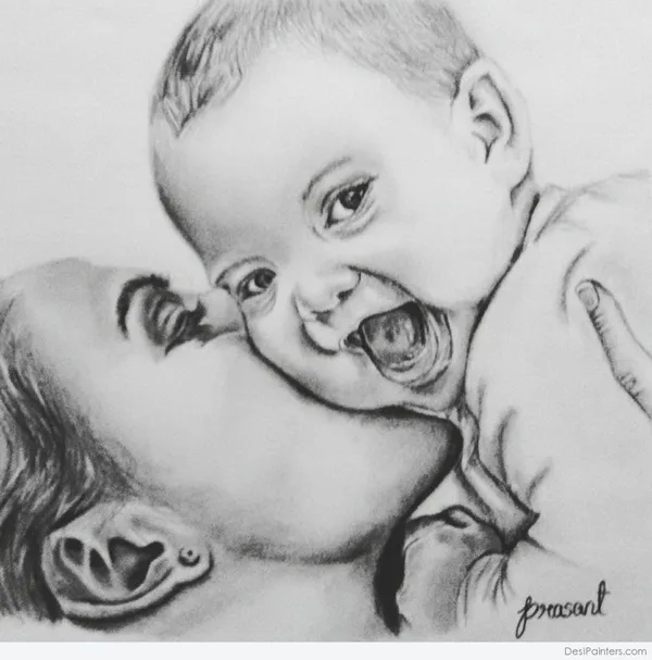 Simple Pencil Mother and Child Drawings