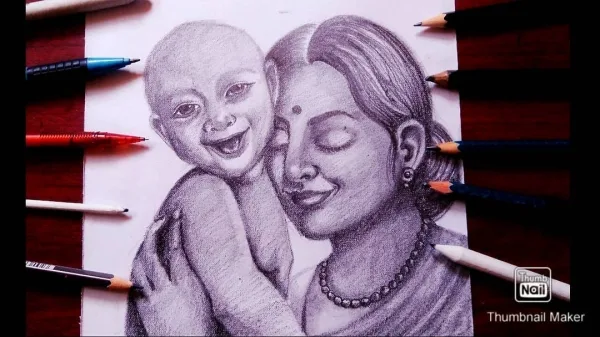Simple Pencil Mother and Child Drawings