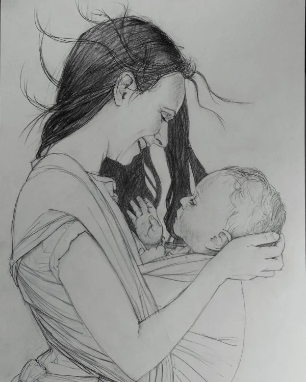 Simple Pencil Mother and Child Drawings