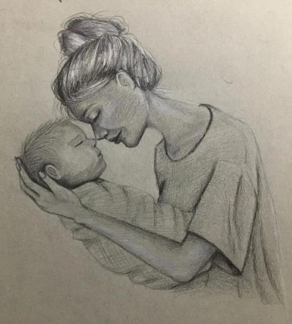Simple Pencil Mother and Child Drawings