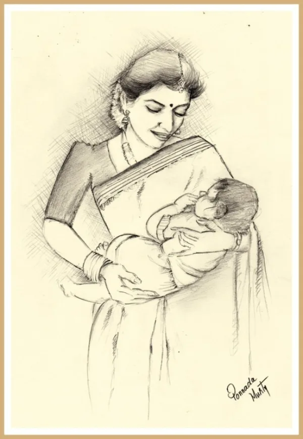 Simple Pencil Mother and Child Drawings
