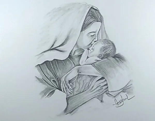 Simple Pencil Mother and Child Drawings
